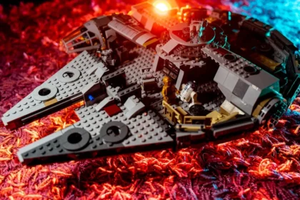 a close up of a lego star wars tie