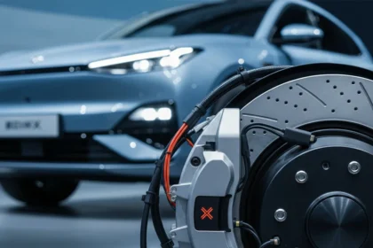 Brake-by-wire technology ditches hydraulics for the first time — AI-generated illustration