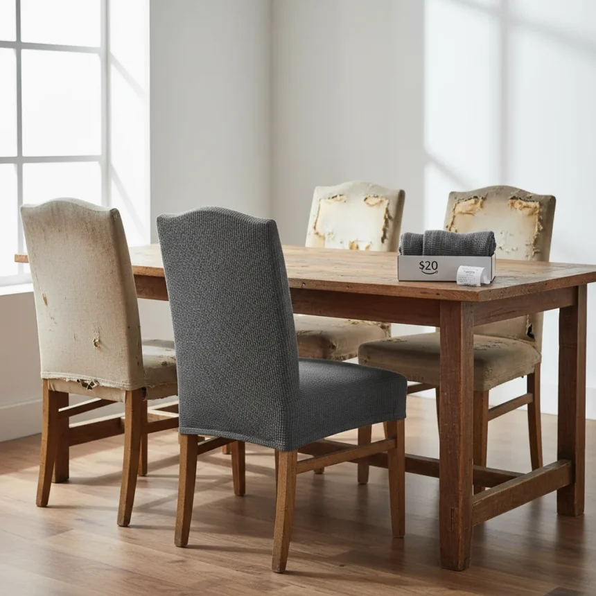 Budget chair slipcover transforms worn furniture for $20 — AI-generated illustration
