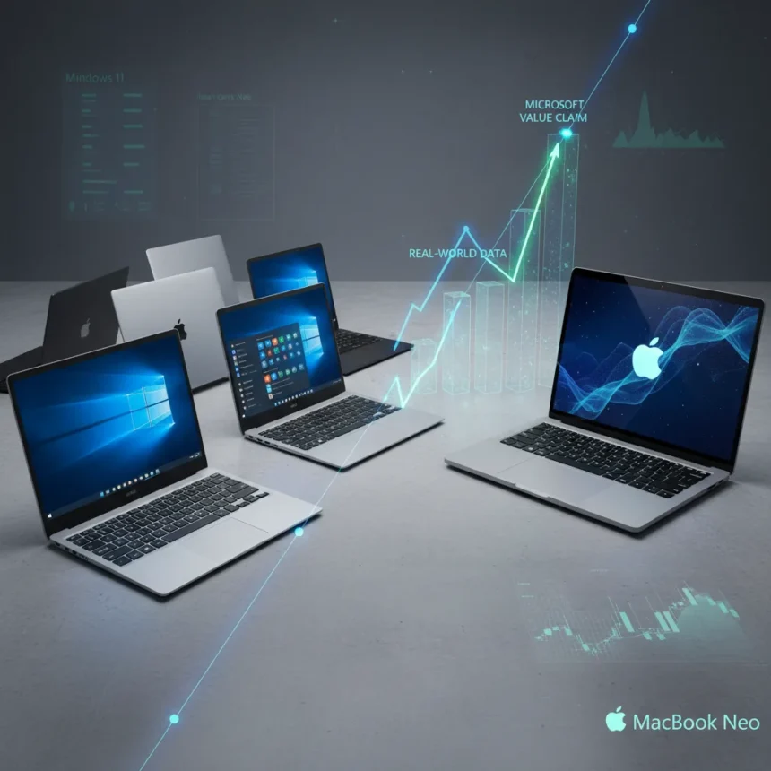 Budget Windows 11 laptops vs MacBook Neo—Microsoft's risky play — AI-generated illustration