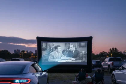 Car headlights with built-in projectors revive drive-in movies — AI-generated illustration