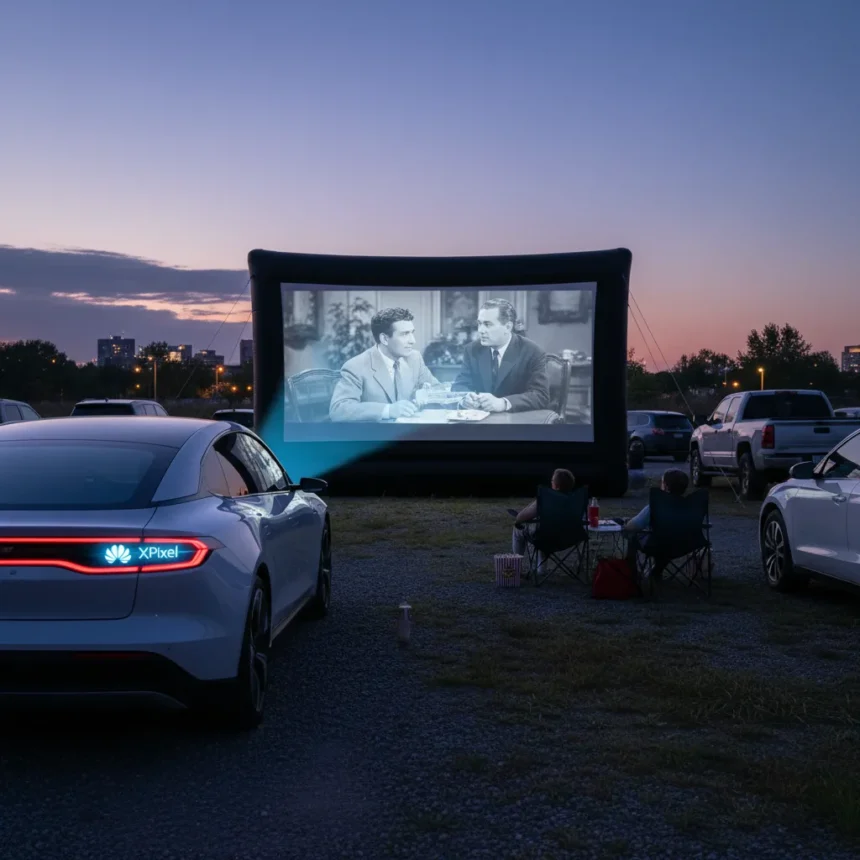 Car headlights with built-in projectors revive drive-in movies — AI-generated illustration
