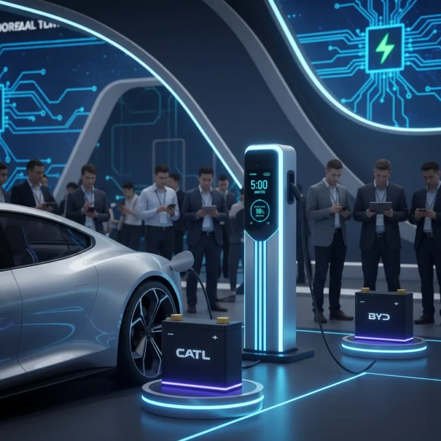 China's EV battery race cuts charging times to five minutes — AI-generated illustration