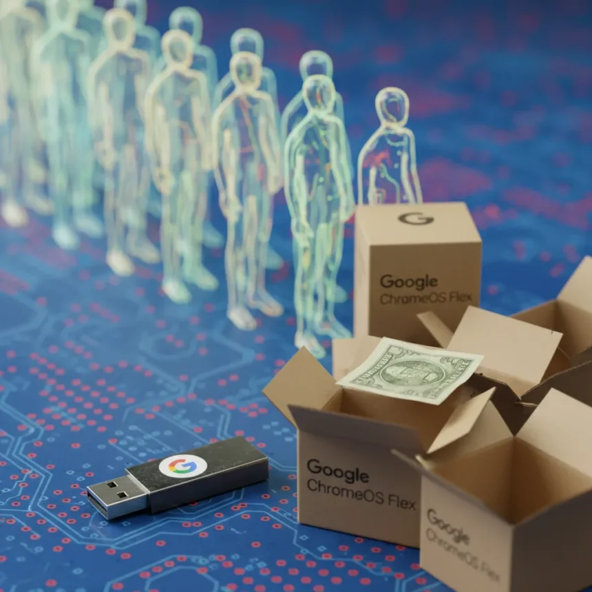 Google's ChromeOS Flex USB Stick Sells Out, Vindicating Cheap Chromebook Bet — AI-generated illustration