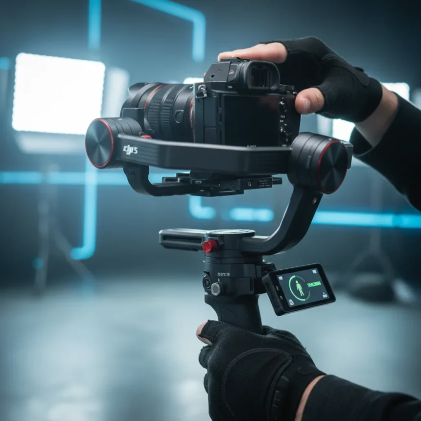 DJI RS 5 gimbal speeds up mirrorless camera work — AI-generated illustration