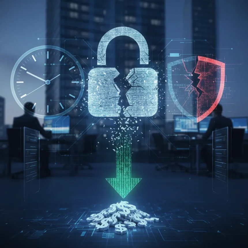 Encryption breaking technology costs plummet, threatening data security — AI-generated illustration