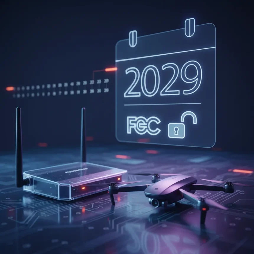FCC extends foreign-made router and drone update deadline to 2029 — AI-generated illustration