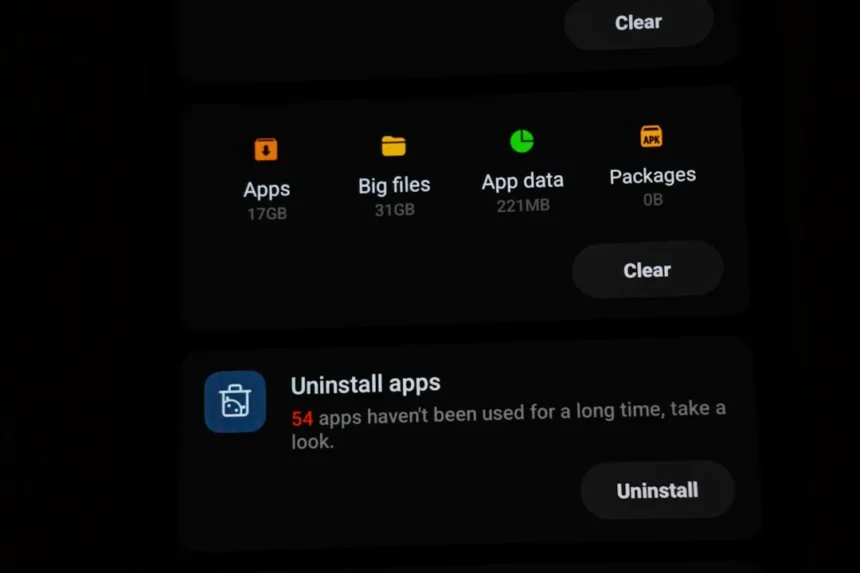 Phone storage management screen showing app data and uninstall options