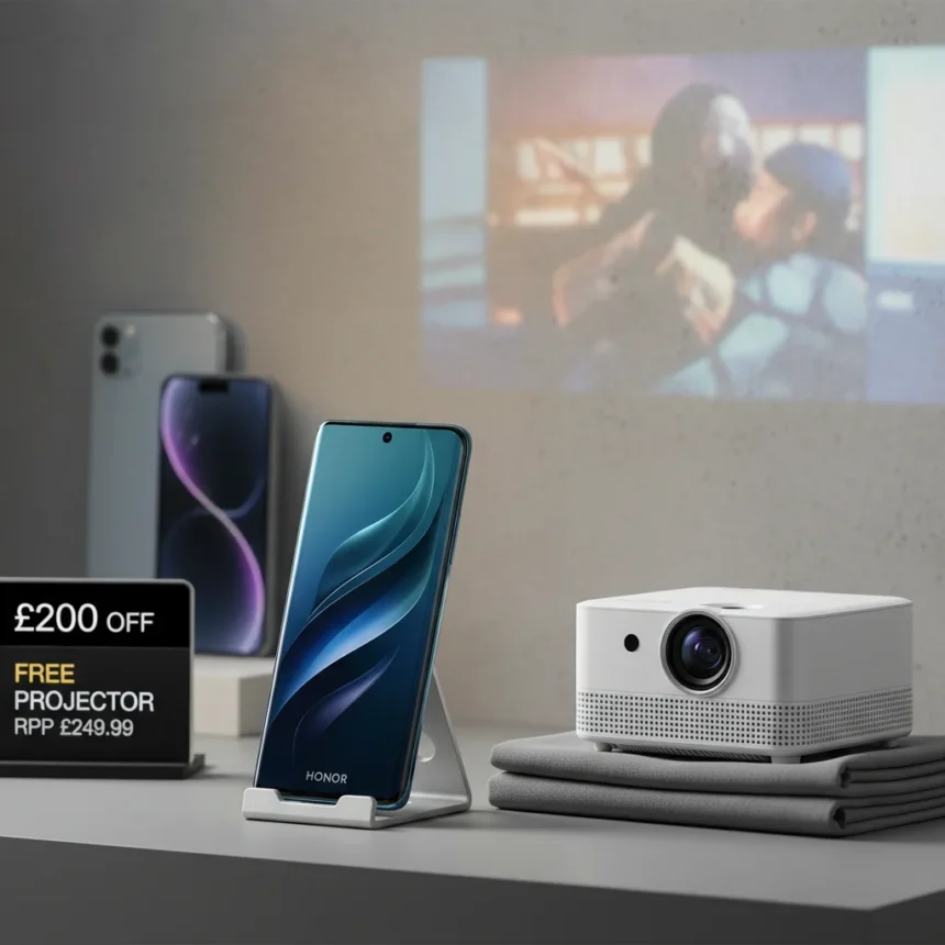 Honor 600 Pro Early Deal Bundles a £250 Projector Free — AI-generated illustration