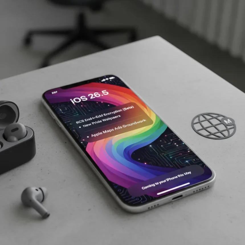 iOS 26.5 arrives with RCS encryption and Maps ads groundwork — AI-generated illustration