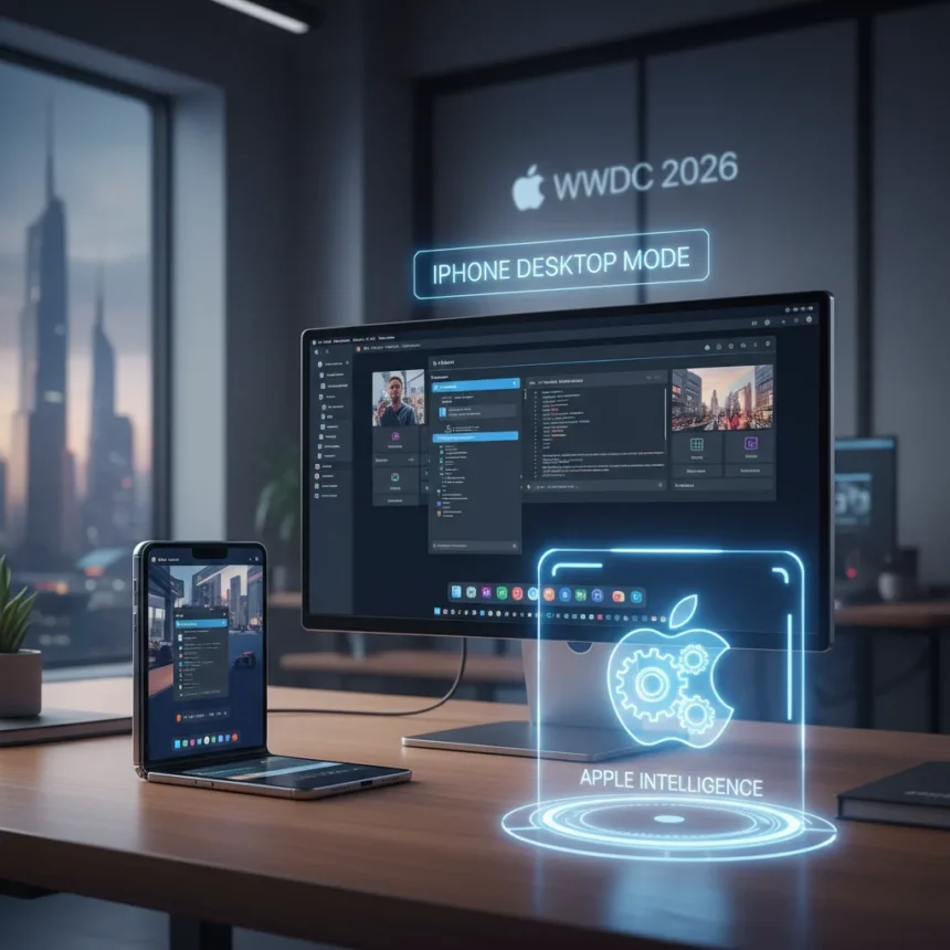 iPhone desktop mode matters more than Apple Intelligence at WWDC 2026 — AI-generated illustration