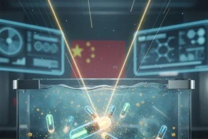 Light-powered micromotors hunt uranium in seawater and radioactive waste — AI-generated illustration