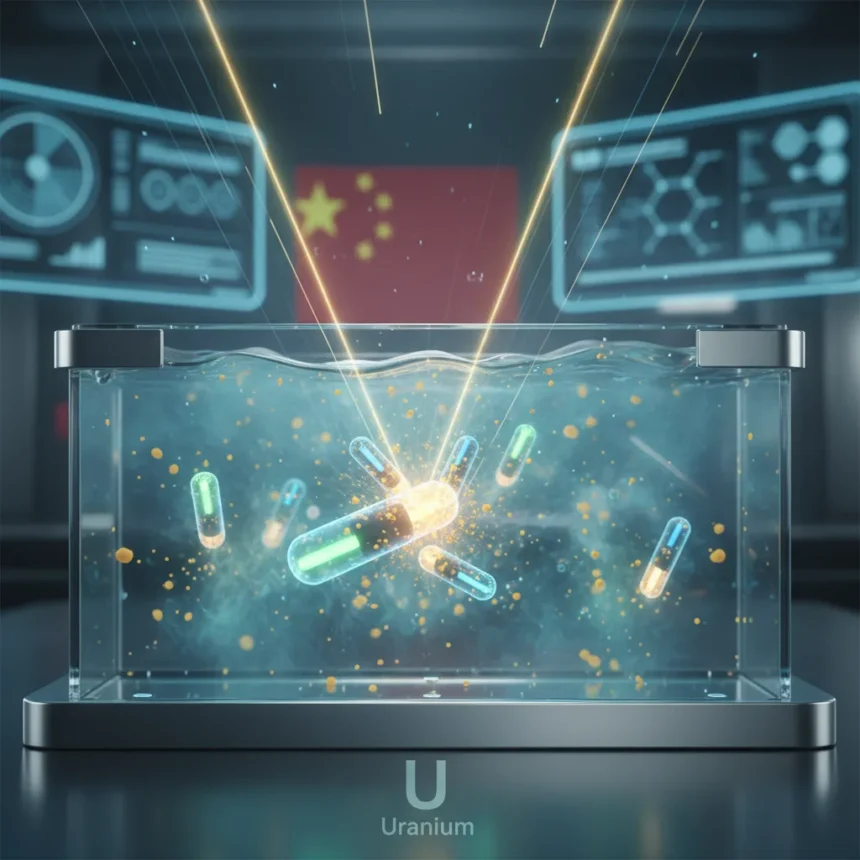 Light-powered micromotors hunt uranium in seawater and radioactive waste — AI-generated illustration