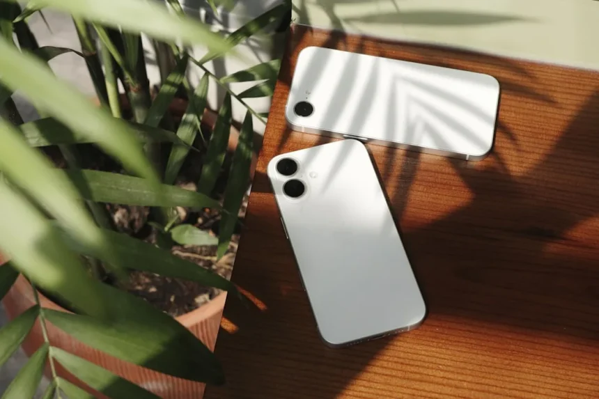 Two white phones rest near a houseplant.