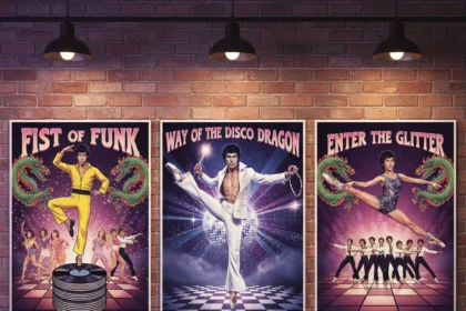 Retro Bruce Lee ballet posters blend martial arts with disco flair