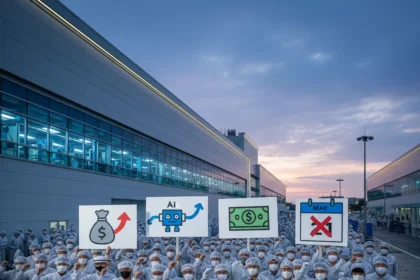 Samsung chip workers demand annual bonuses as AI profits soar — AI-generated illustration