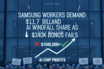 Samsung workers demand AI windfall share as $340k bonus fails — AI-generated illustration