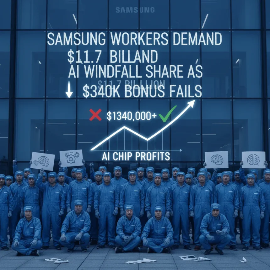 Samsung workers demand AI windfall share as $340k bonus fails — AI-generated illustration
