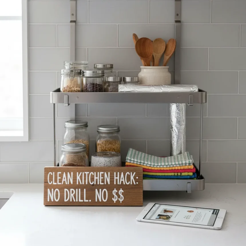 Shower caddy kitchen storage hack solves clutter fast — AI-generated illustration