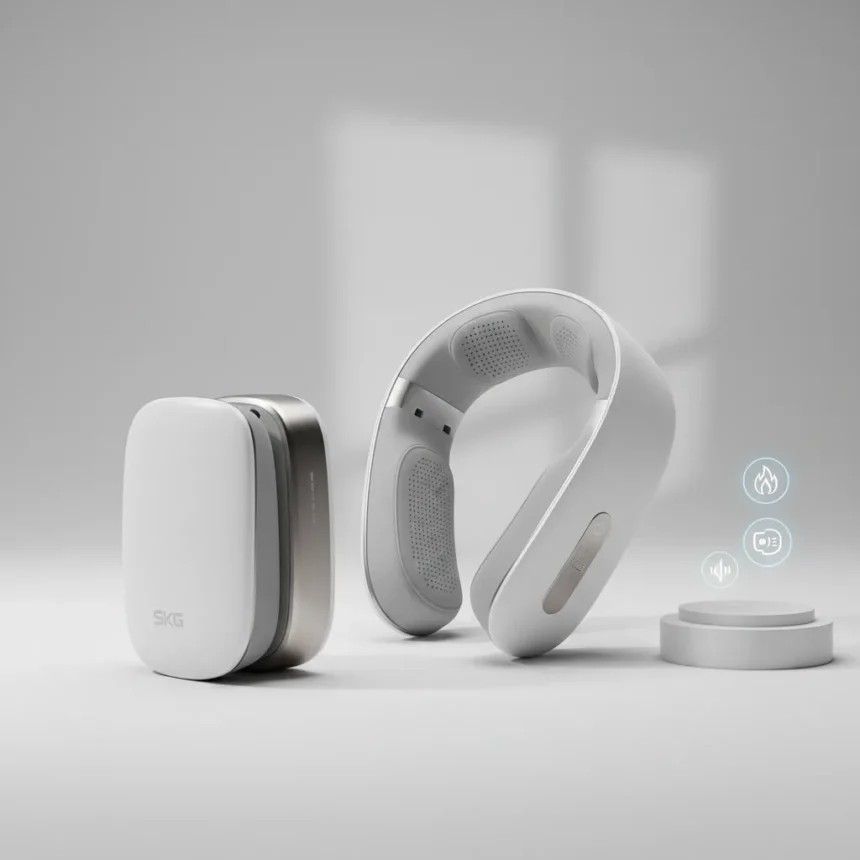 SKG G7 Pro Fold Neck Massager: Heating, Voice, and Foldable Design — AI-generated illustration