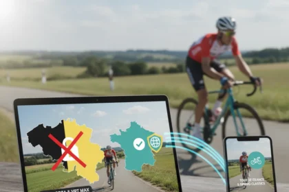 Watch VRT outside Belgium: Free cycling streams with a VPN — AI-generated illustration