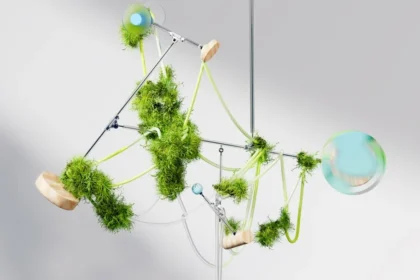 a mobile made of green plants and balls
